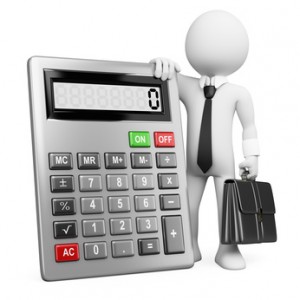 3d business white people. Businessman with calculator.